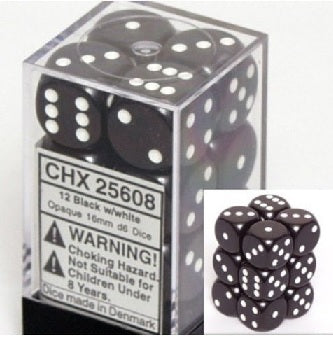 Chessex Opaque Black w/ White Set of 12 d6 Dice