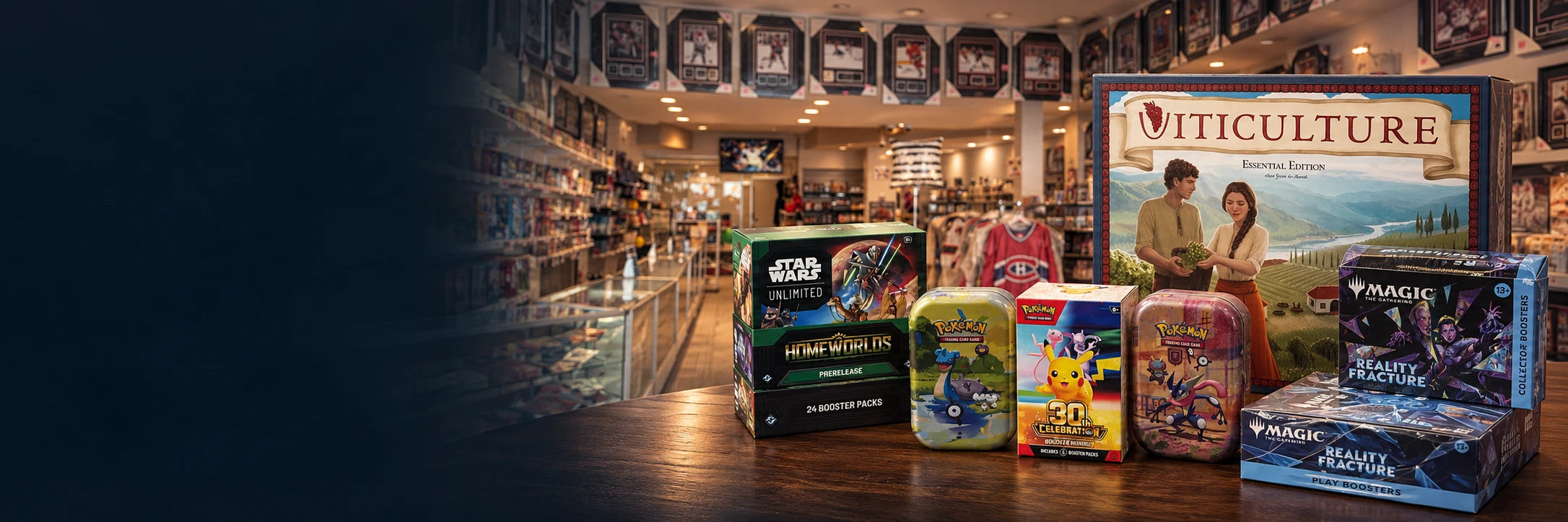 La Boutique des Fans with Pokémon, Magic, Star Wars Unlimited and Viticulture products.
